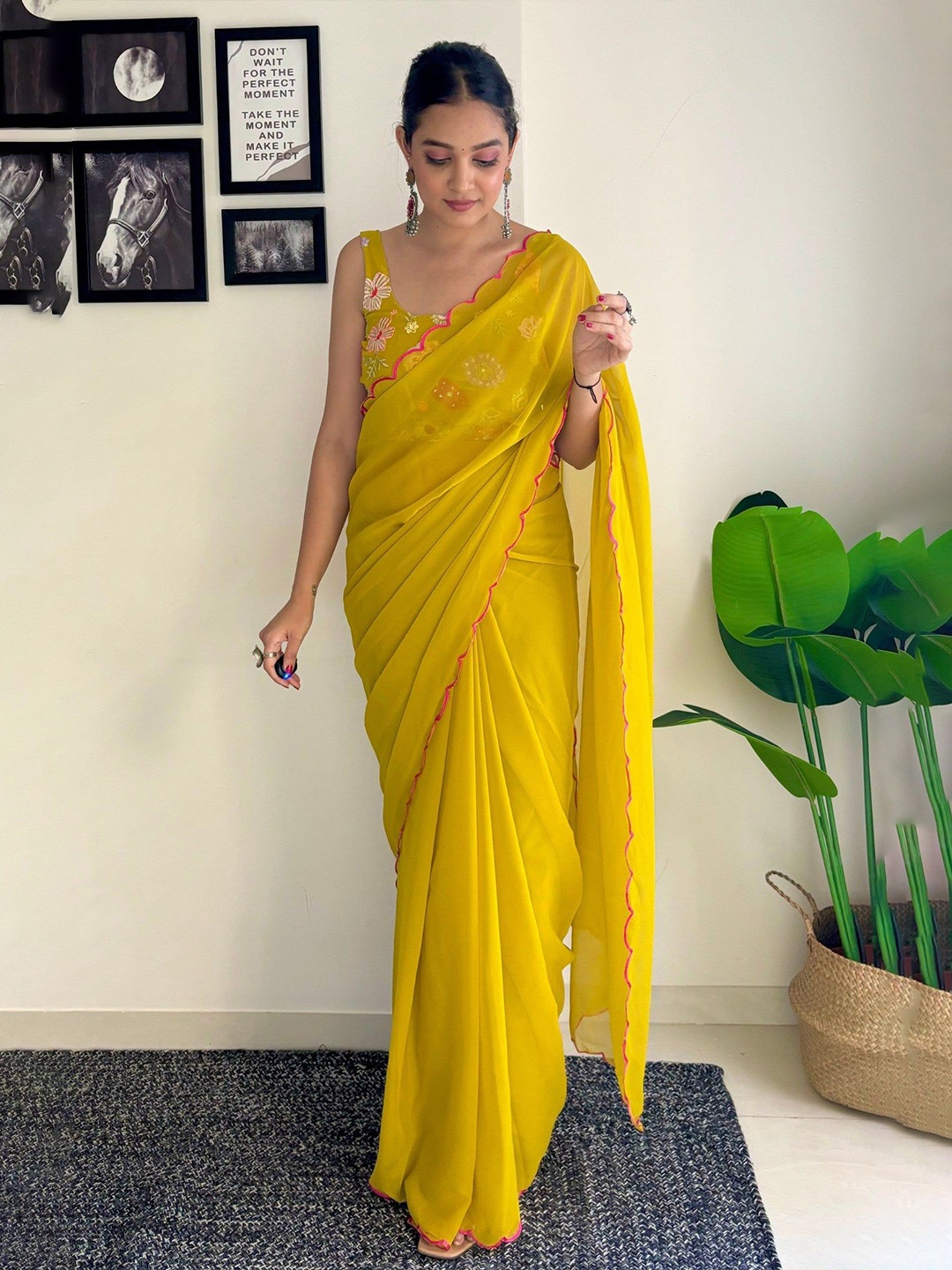 

LEOSAGI Embroidered Pure Georgette Designer Saree, Mustard