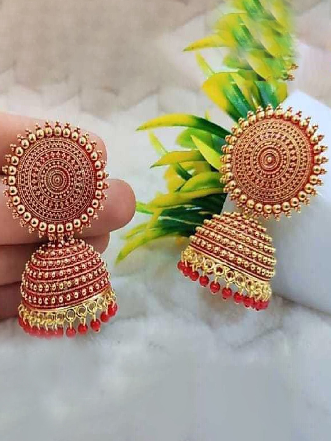 

JMBW INTERNATIONAL Gold-Plated Dome Shaped Stone Studded Antique Jhumkas, Red