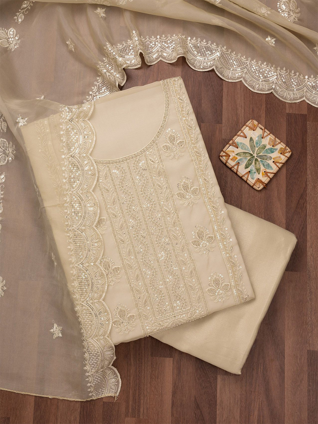 

Koskii Floral Embroidered Sequinned Unstitched Dress Material, Beige