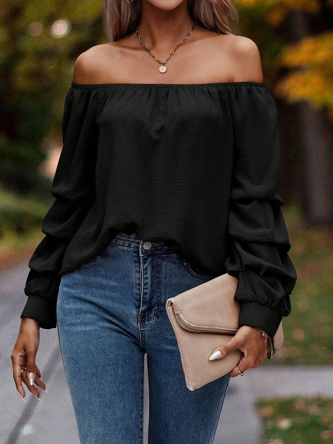 

JC Mode Off-Shoulder Bell Sleeve Bardot Top, Black