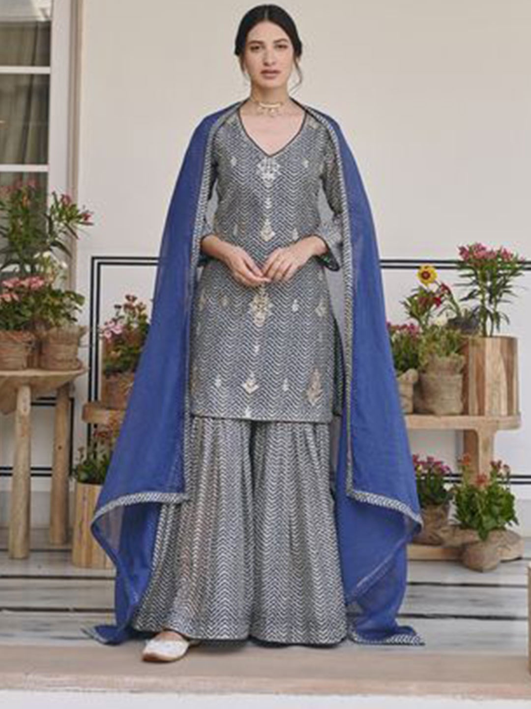 

KARAJ JAIPUR Floral Embroidered Sequinned Chanderi Cotton Kurti With Sharara & Dupatta, Blue