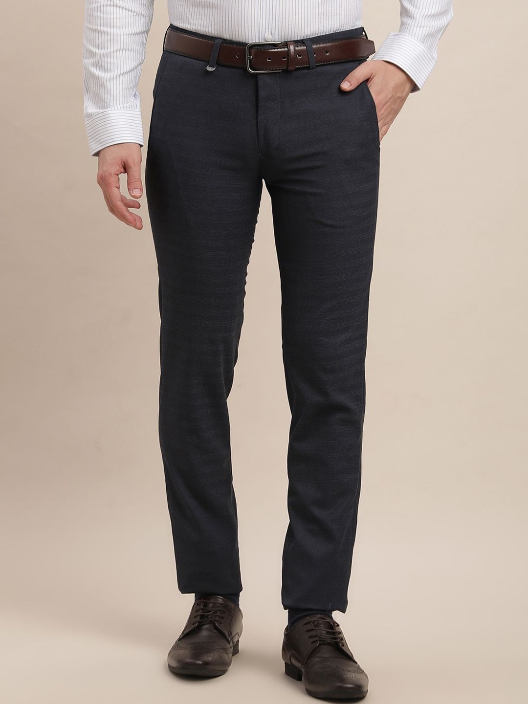 

Turtle Men Textured Checked Classic Skinny Fit Chinos Trousers, Navy blue