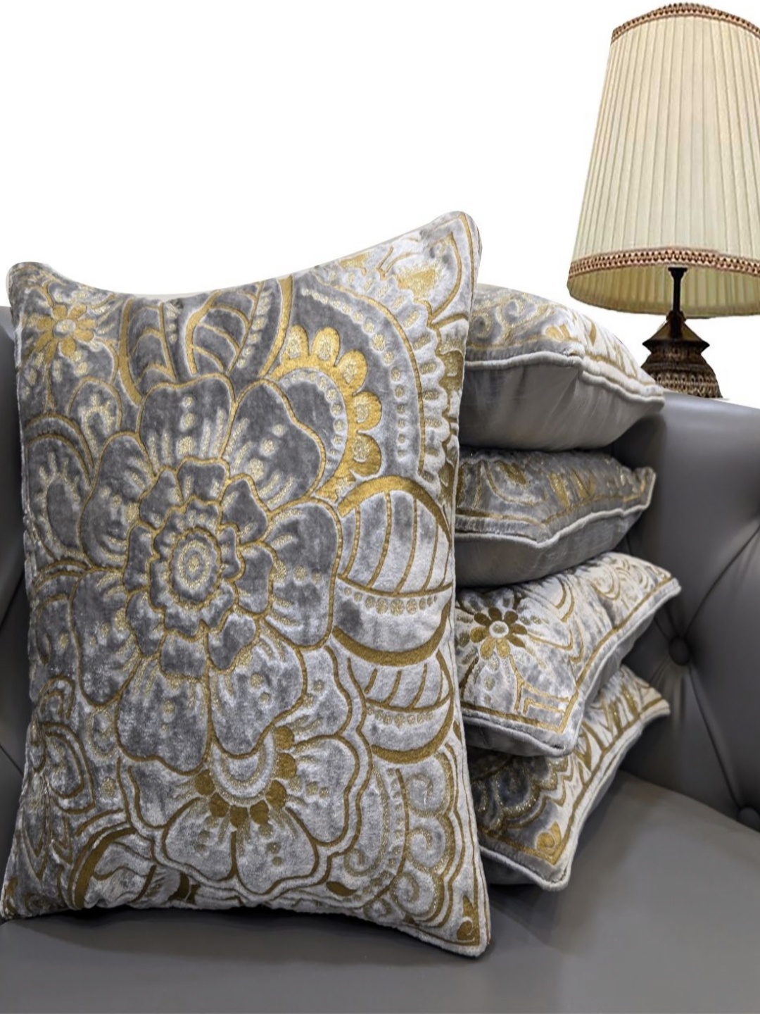

Good Vibes Grey & Yellow 5 Pieces Floral Velvet Square Cushion Covers