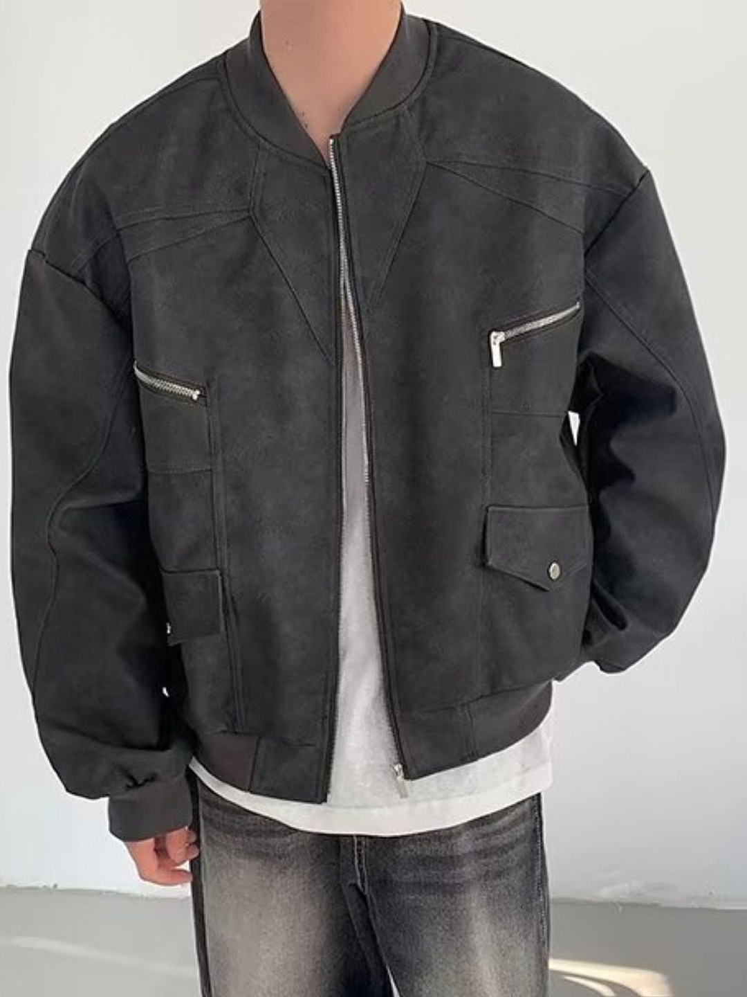 

HERE&NOW Men Stand Collar Solid Casual Bomber Jacket, Black