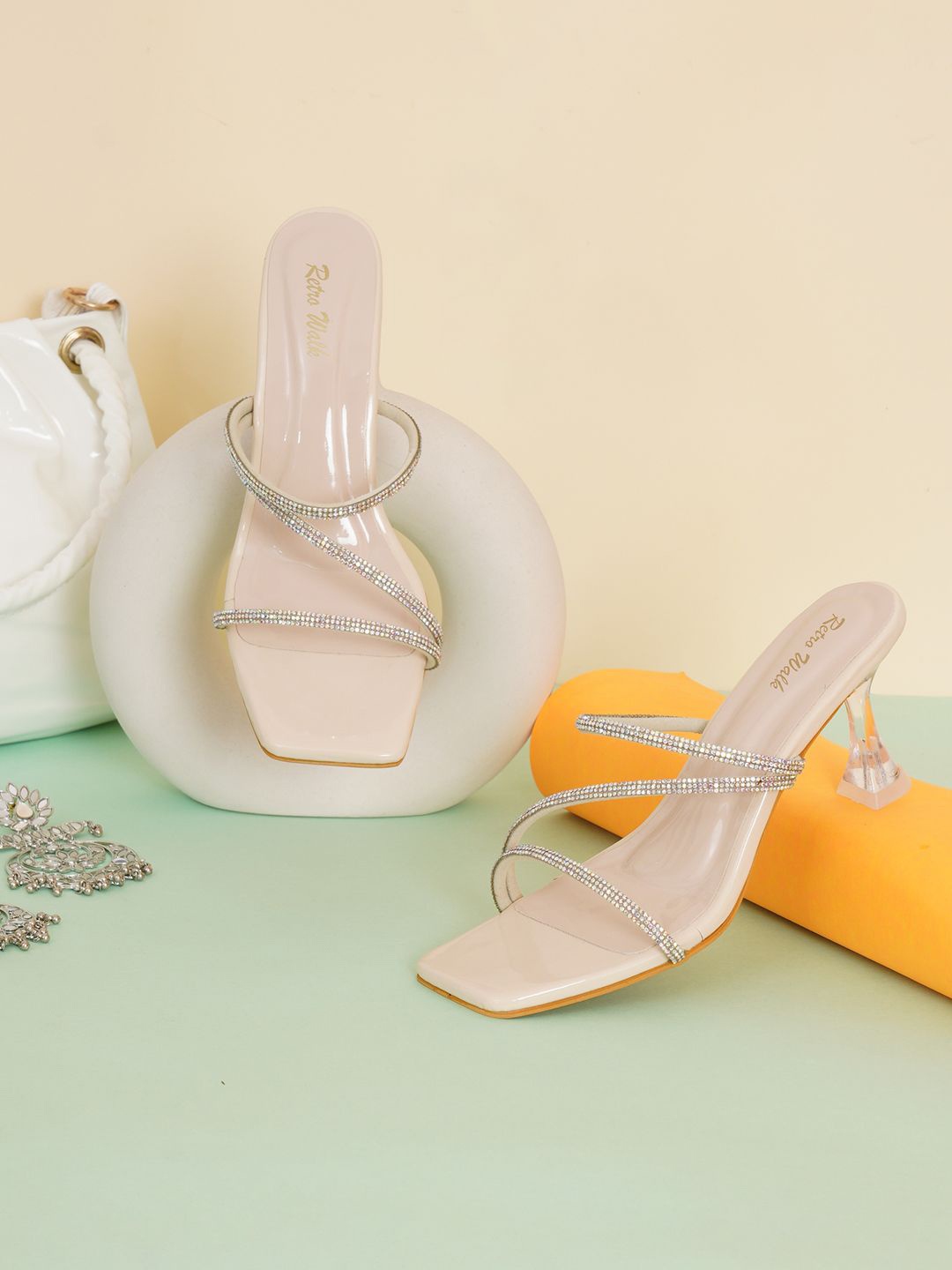 

Retro Walk Embellished Heel Sandals, Cream