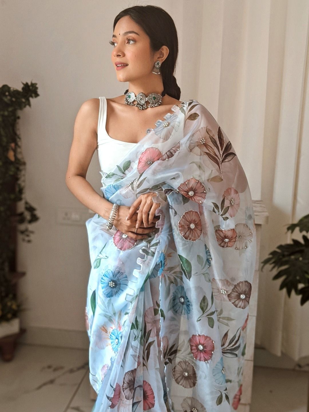

Anouk Floral Printed Beads and Stones Organza Saree, Turquoise blue