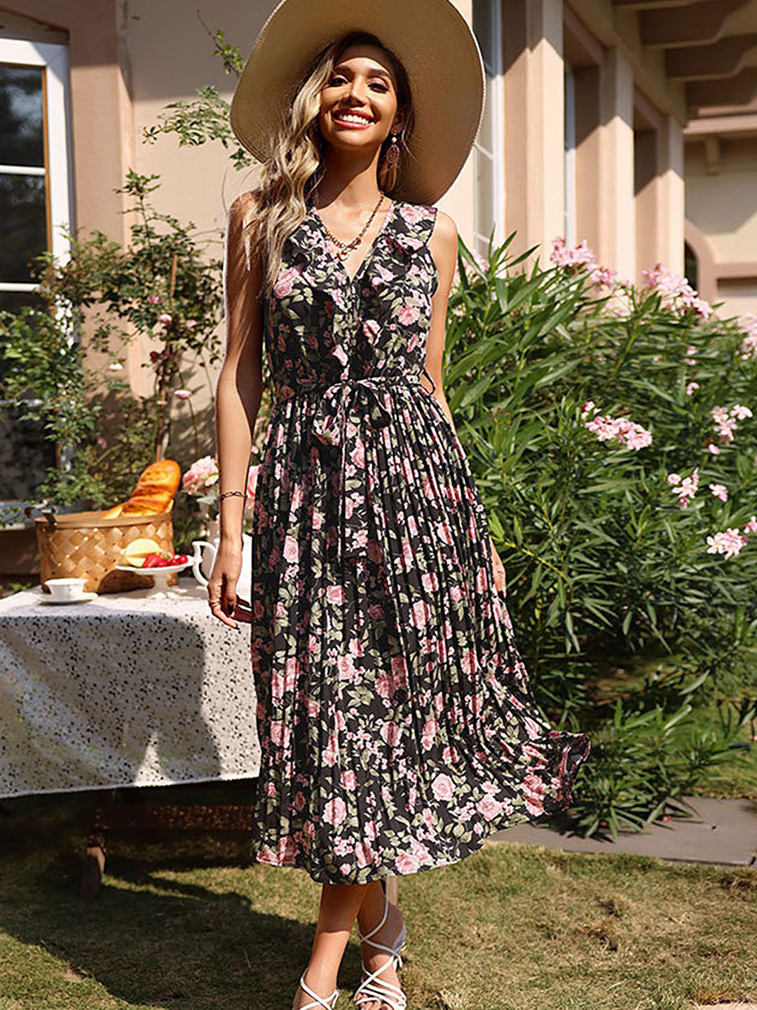 

LULU & SKY Floral Print Fit & Flare Midi Dress, Black