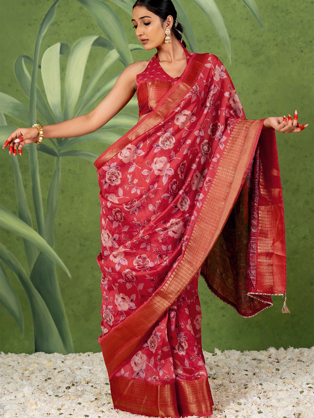 

KALINI Floral Zari Art Silk Saree, Red