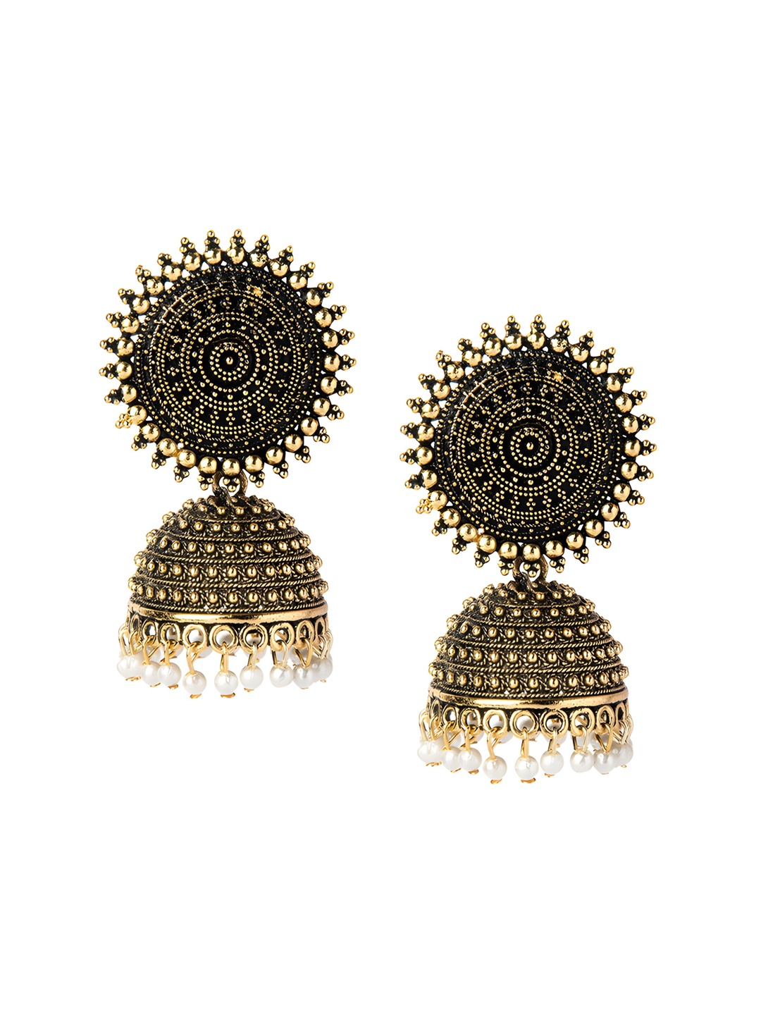 

JMBW INTERNATIONAL Gold-Plated Dome Shaped Stone Studded Antique Jhumkas, Black