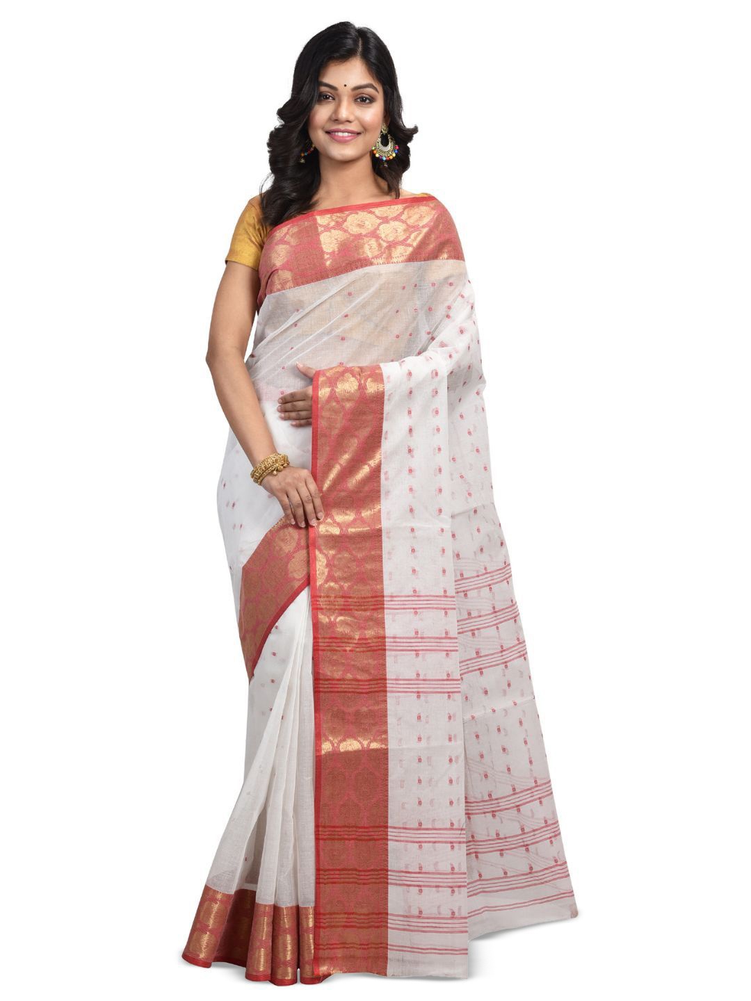 

RAJ SAREE HOUSE Woven Design Zari Pure Cotton Taant Saree, White