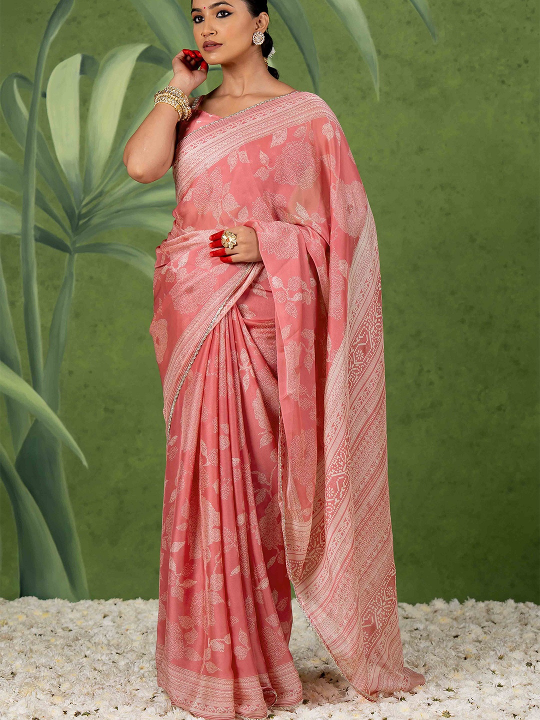 

KALINI Floral Poly Chiffon Saree, Coral