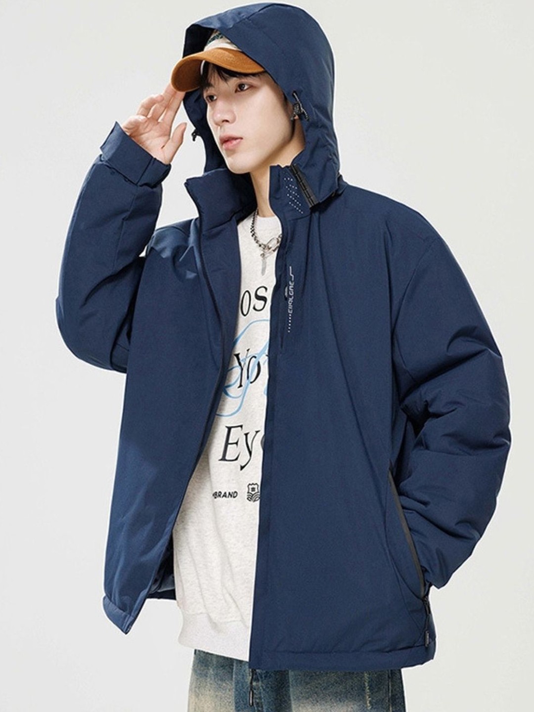 

HERE&NOW Men Hooded Solid Casual Padded Jacket, Navy blue