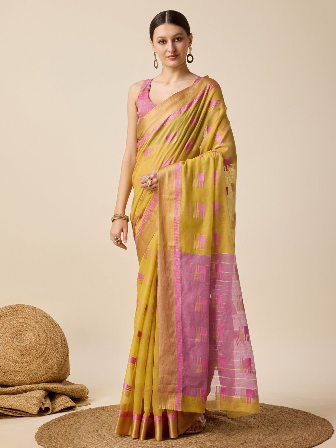 

LEOSAGI Embellished Zari Silk Cotton Kota Saree, Mustard