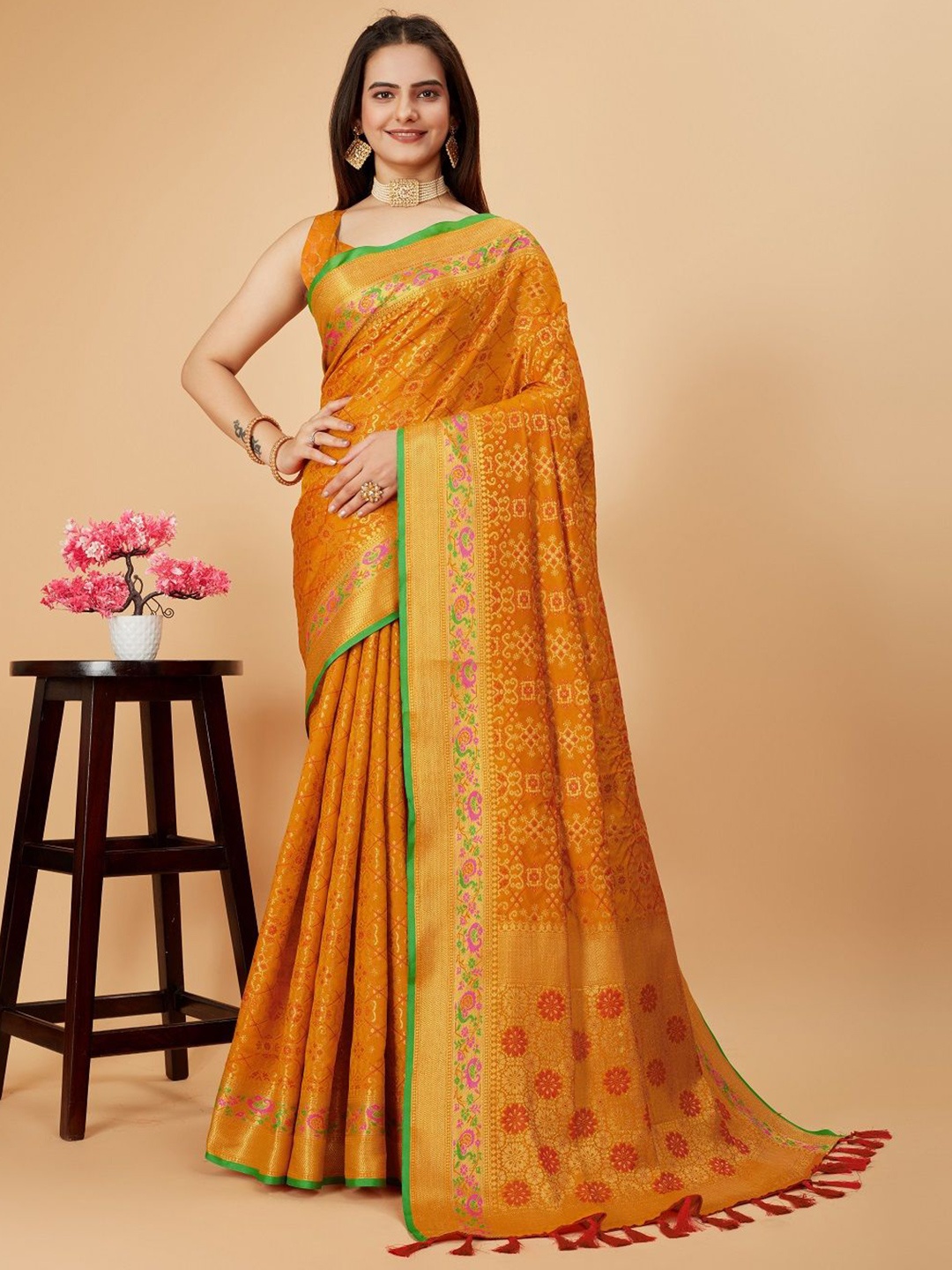 

SHOBHA SAREES Woven Design Zari Pure Silk Patola Saree, Mustard