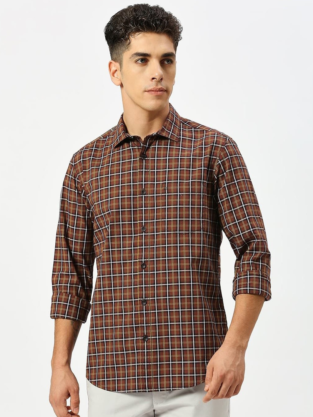 

Basics Men Slim Fit Tartan Checked Cotton Casual Shirt, Brown