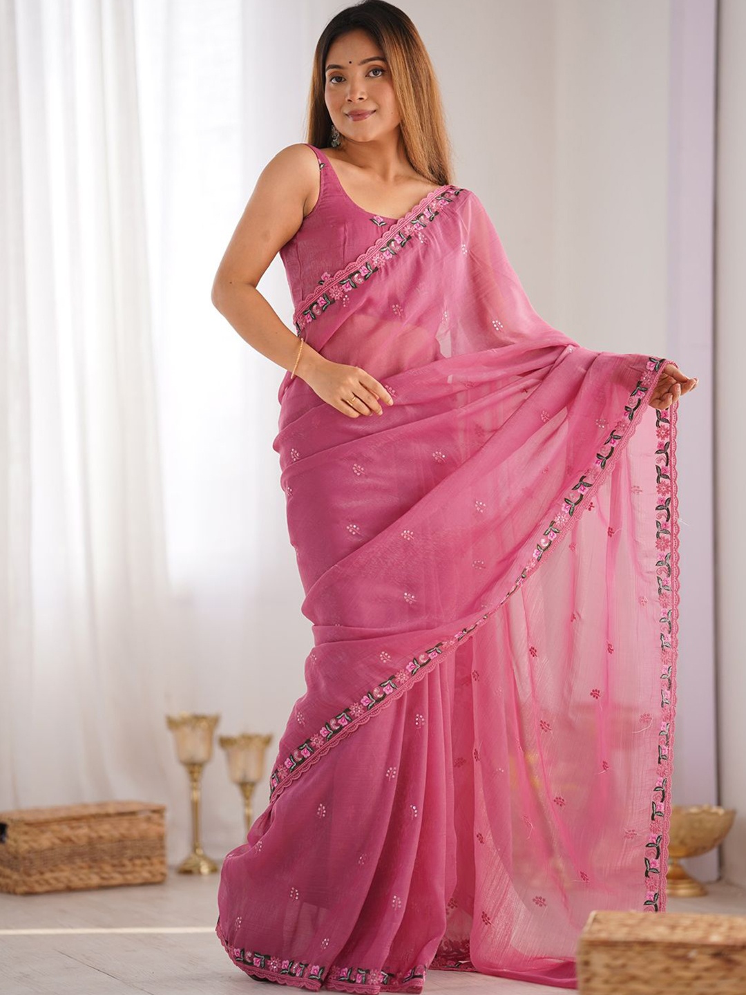 

Mitera Floral Sequinned Silk Blend Saree, Pink