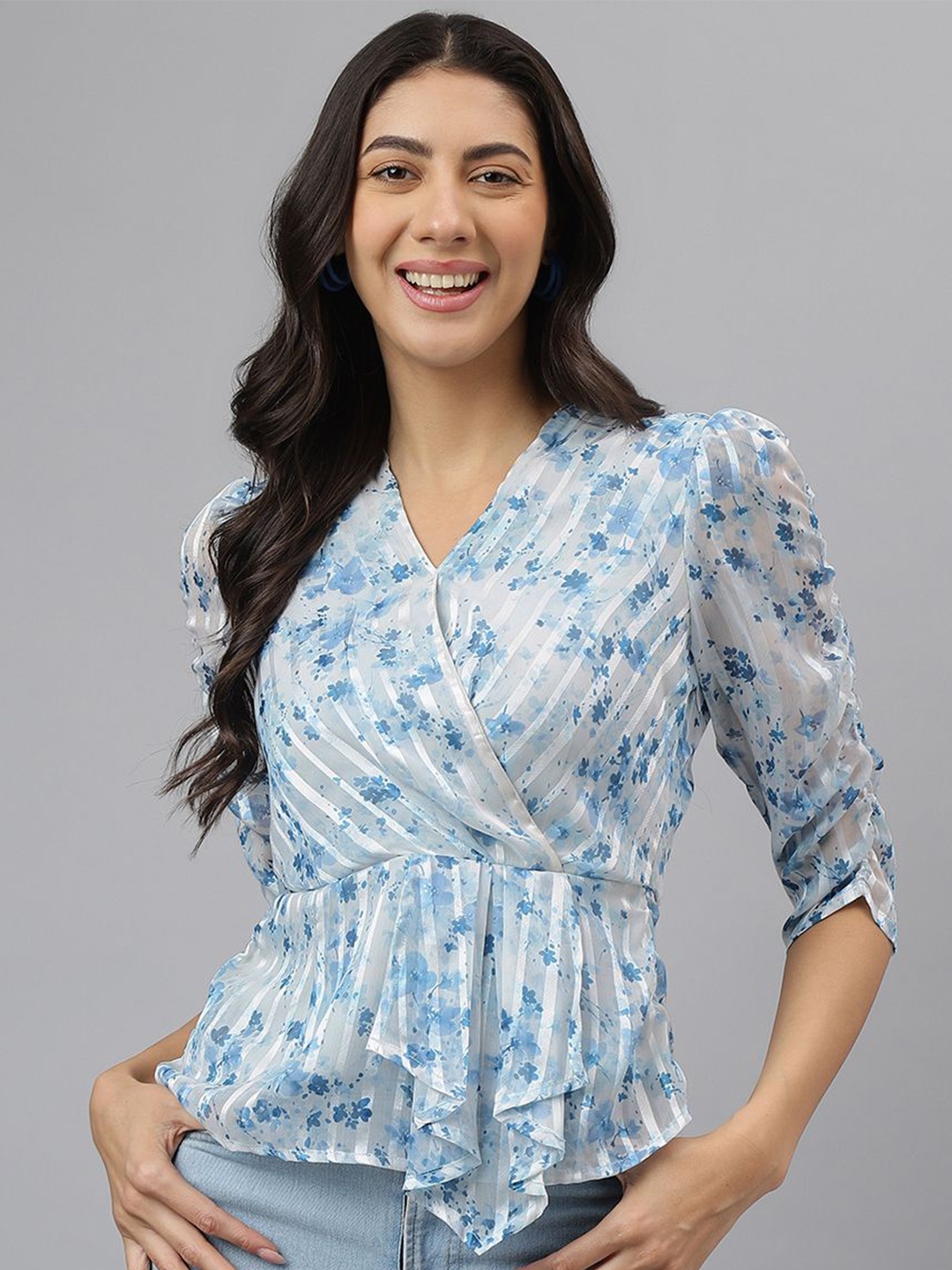 

Latin Quarters Women Floral Printed Wrap Top, Blue