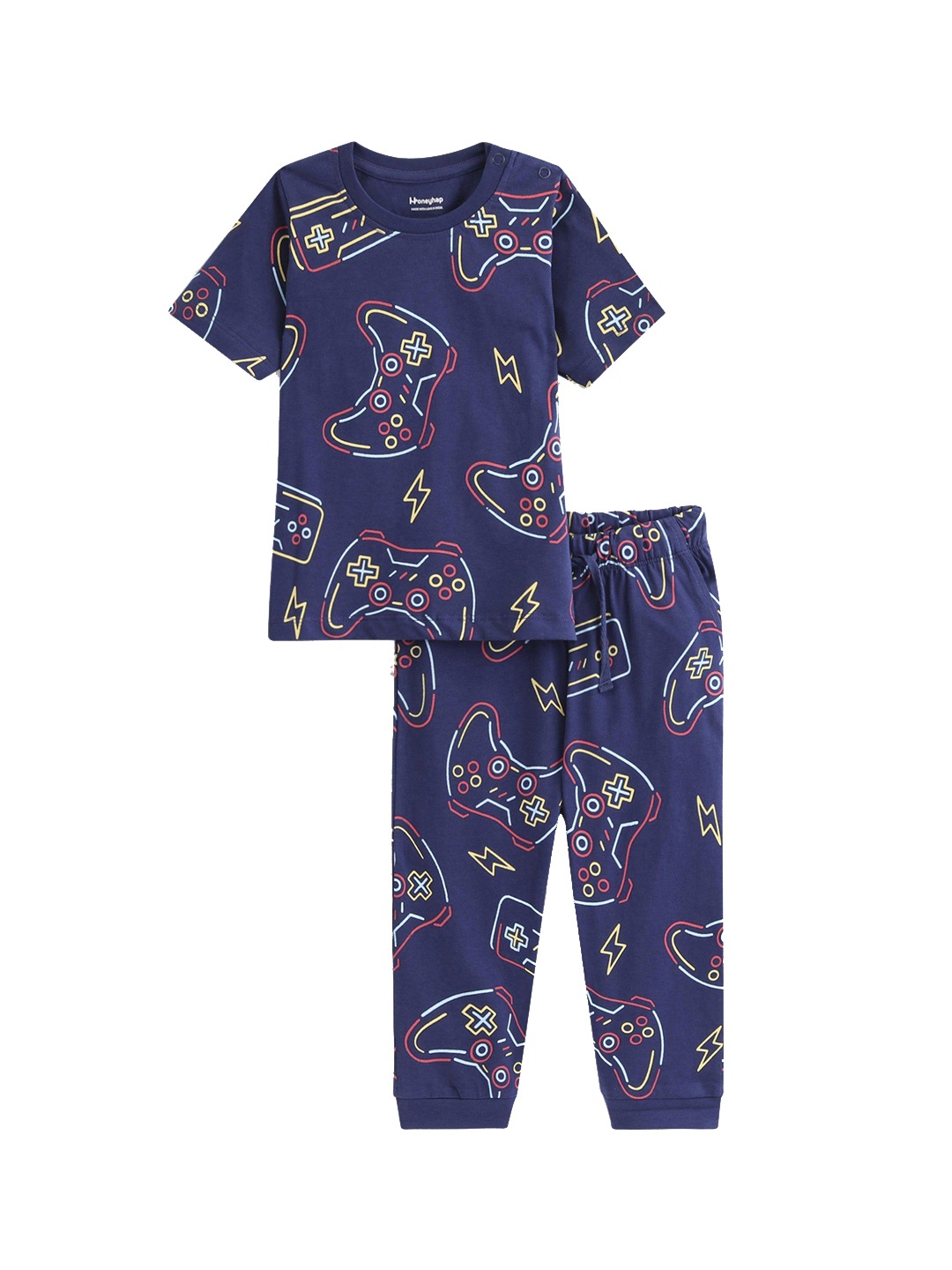 

Honeyhap Boys Pure Cotton Printed Night suit, Navy blue