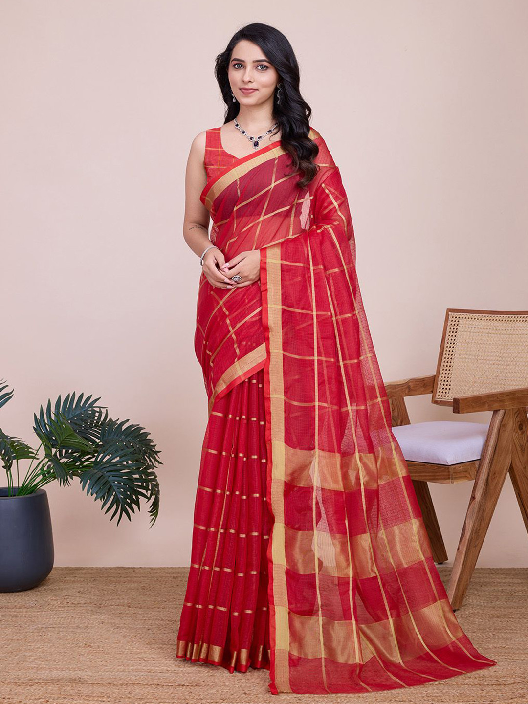 

SHOBHA SAREES Woven Design Zari Silk Cotton Kota Saree, Red