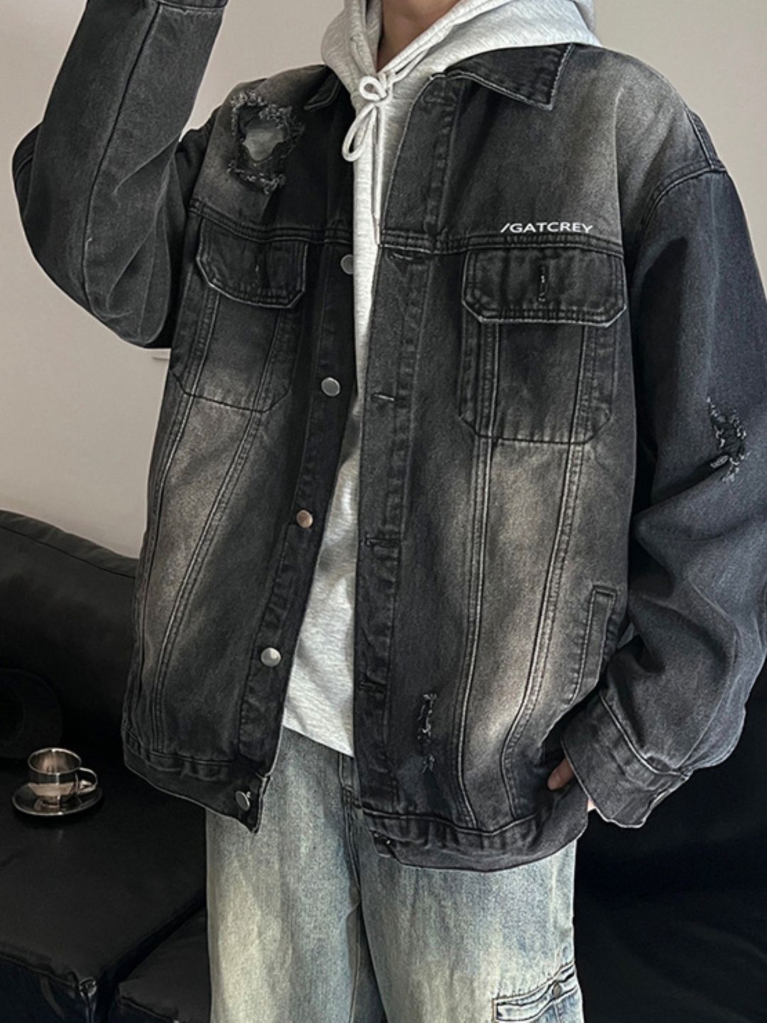 

HERE&NOW Men Hooded Washed Self Design Casual Denim Jacket, Charcoal