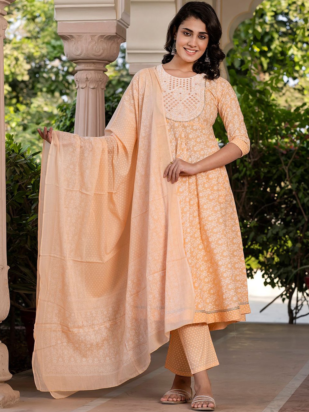 

KALINI Floral Printed Mirror Work Anarkali Pure Cotton Kurta With Trousers & Dupatta, Peach