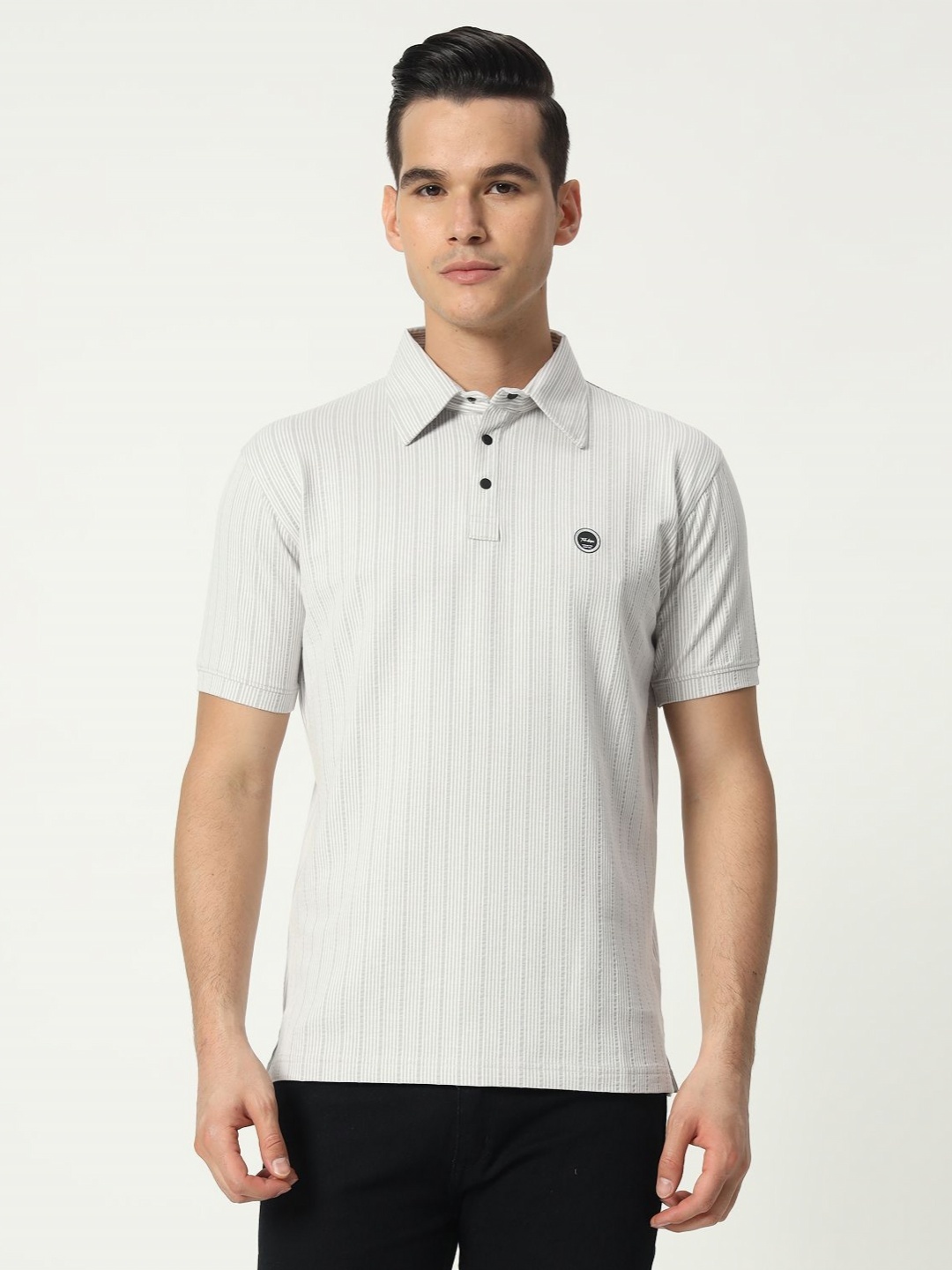 

TAB91 Men Striped Polo Collar Cotton T-shirt, White