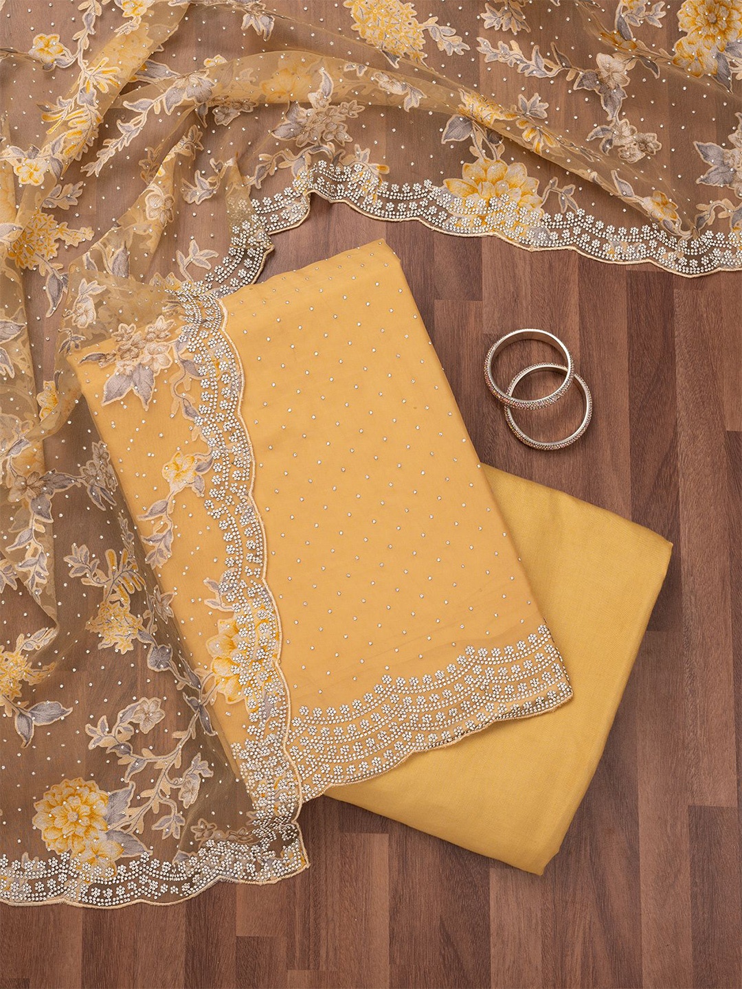 

Koskii Floral Embellished Beads and Stones Unstitched Dress Material, Yellow