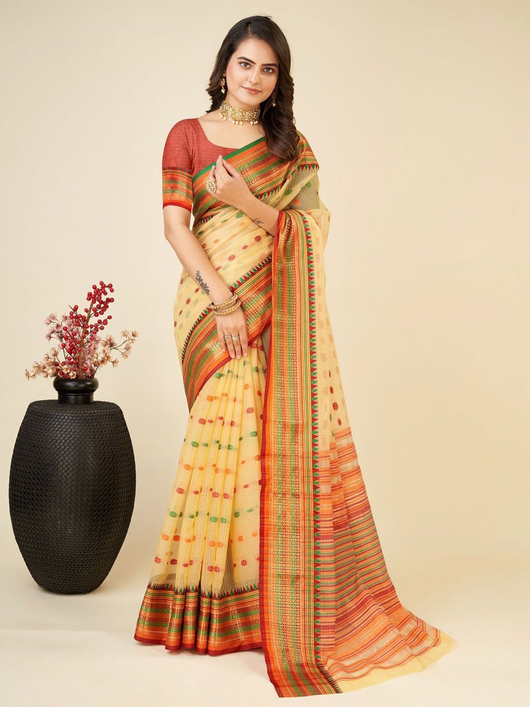 

SHOBHA SAREES Woven Design Zari Silk Cotton Kota Saree, Yellow