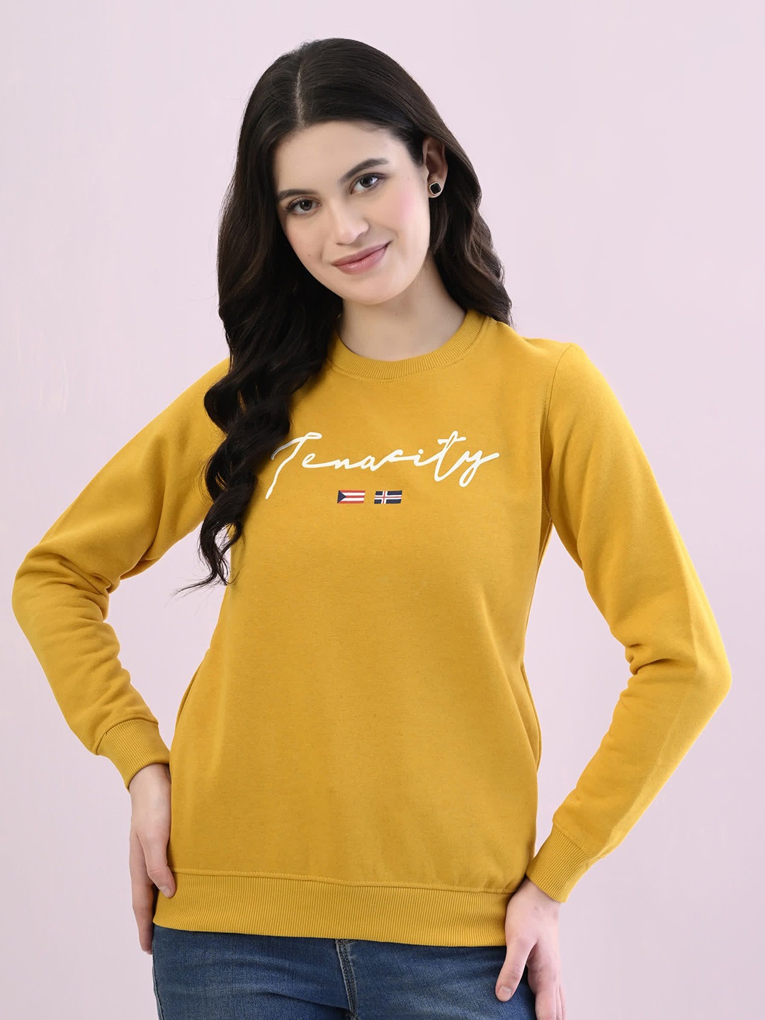 

STARFOX Typography Printed Round Neck Fleece Pullover Oversized Sweatshirt, Mustard