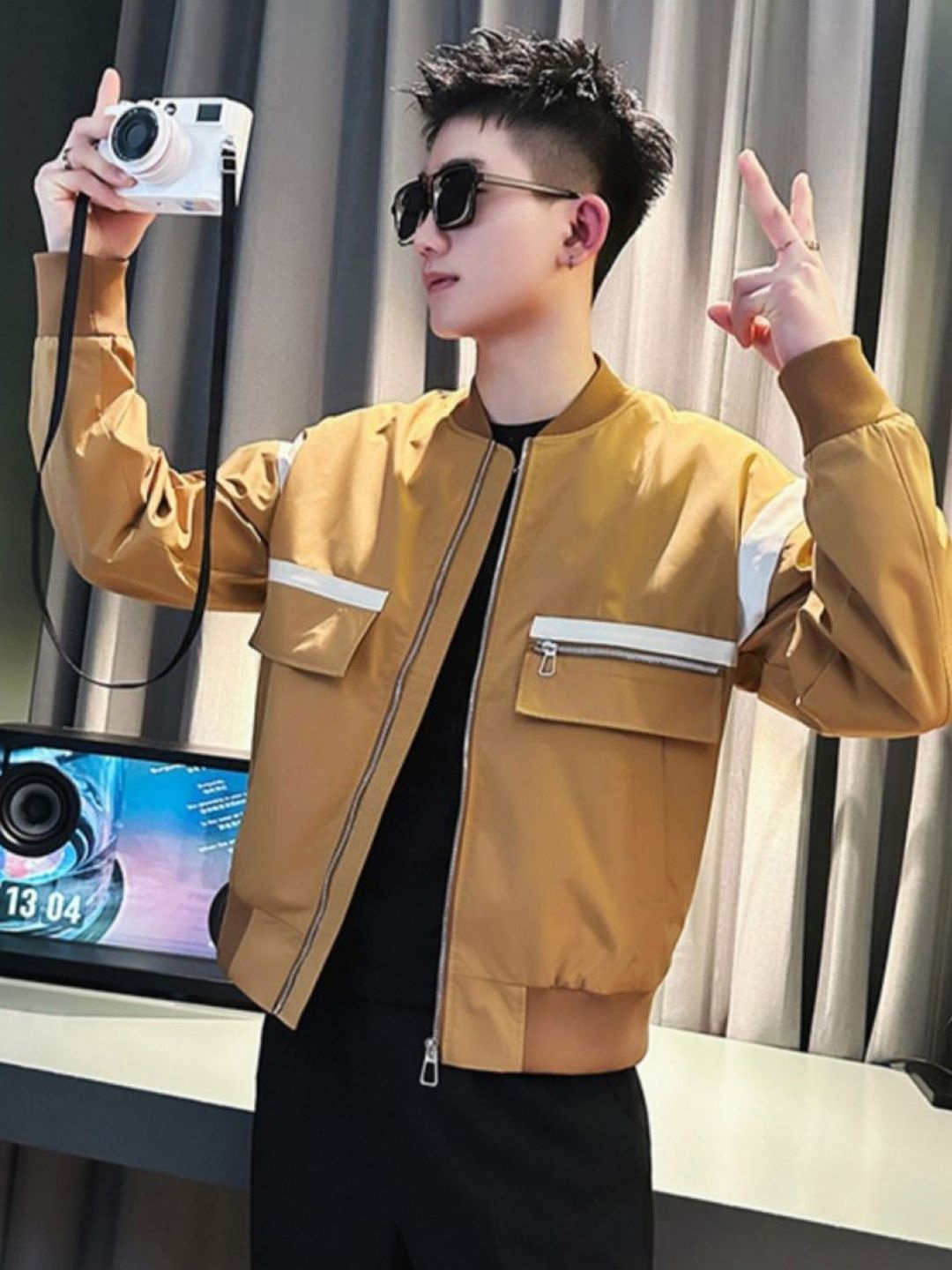 

HERE&NOW Men Stand Collar Solid Casual Bomber Jacket, Brown