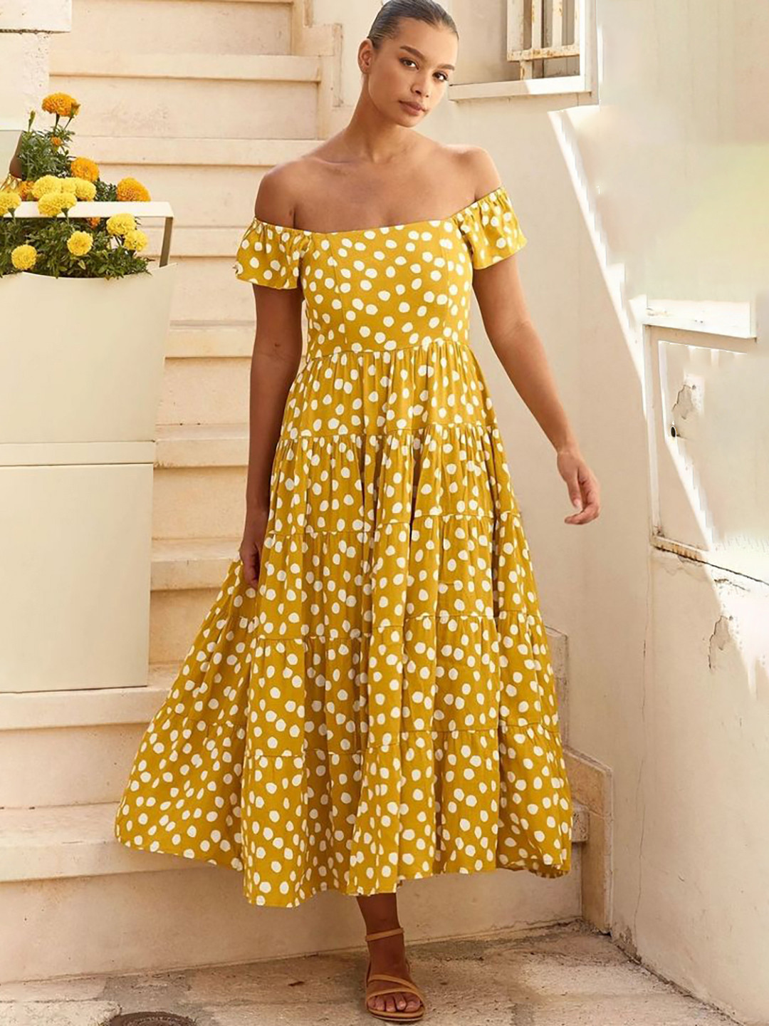 

LULU & SKY Floral Print Off-Shoulder Maxi Midi Dress, Yellow
