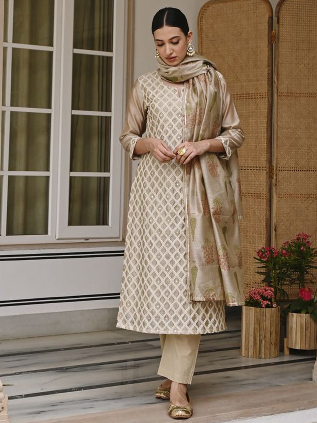 

KARAJ JAIPUR Embroidered Thread Work Chanderi Cotton Kurta With Trousers & Dupatta, Beige