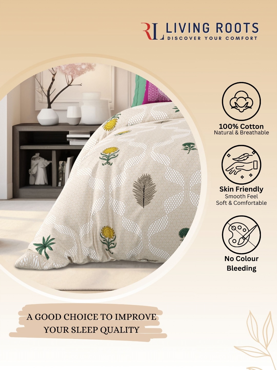 

LIVING ROOTS Brown Floral 210 TC Pure Cotton King Bedsheet Set 2.64 m x 2.64 m