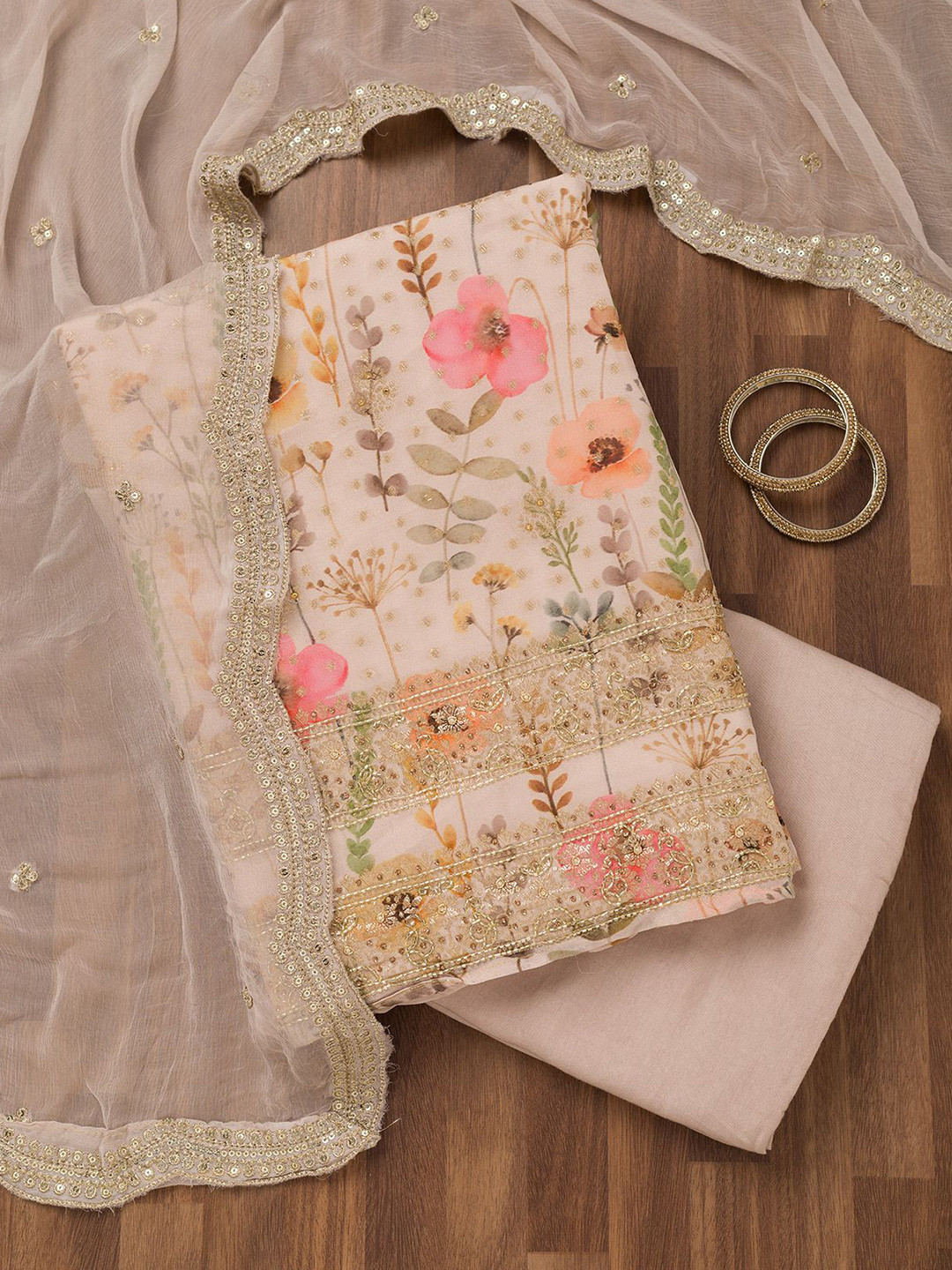 

Koskii Floral Printed Beads and Stones Unstitched Dress Material, White