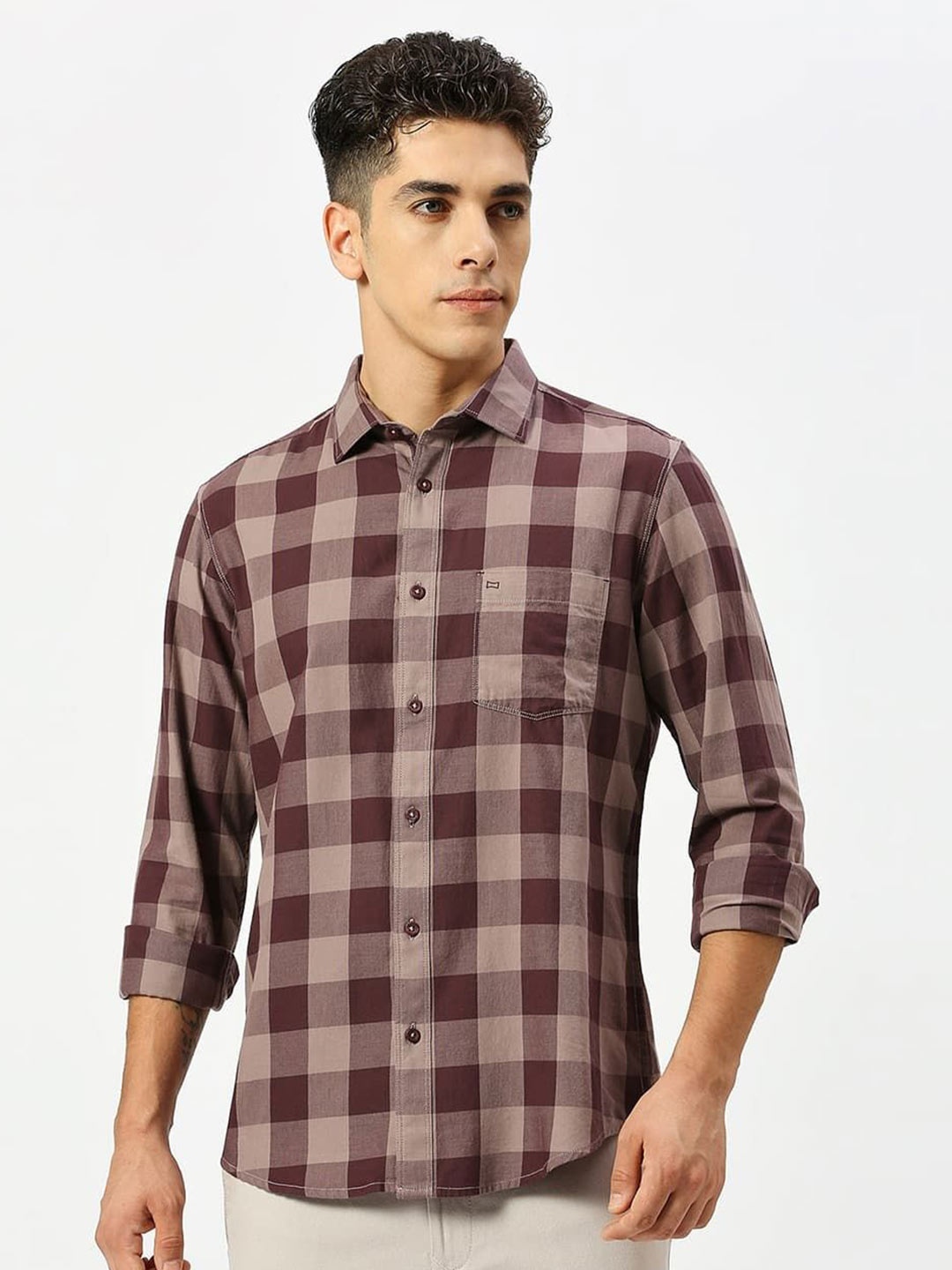 

Basics Men Slim Fit Buffalo Checked Cotton Casual Shirt, Purple