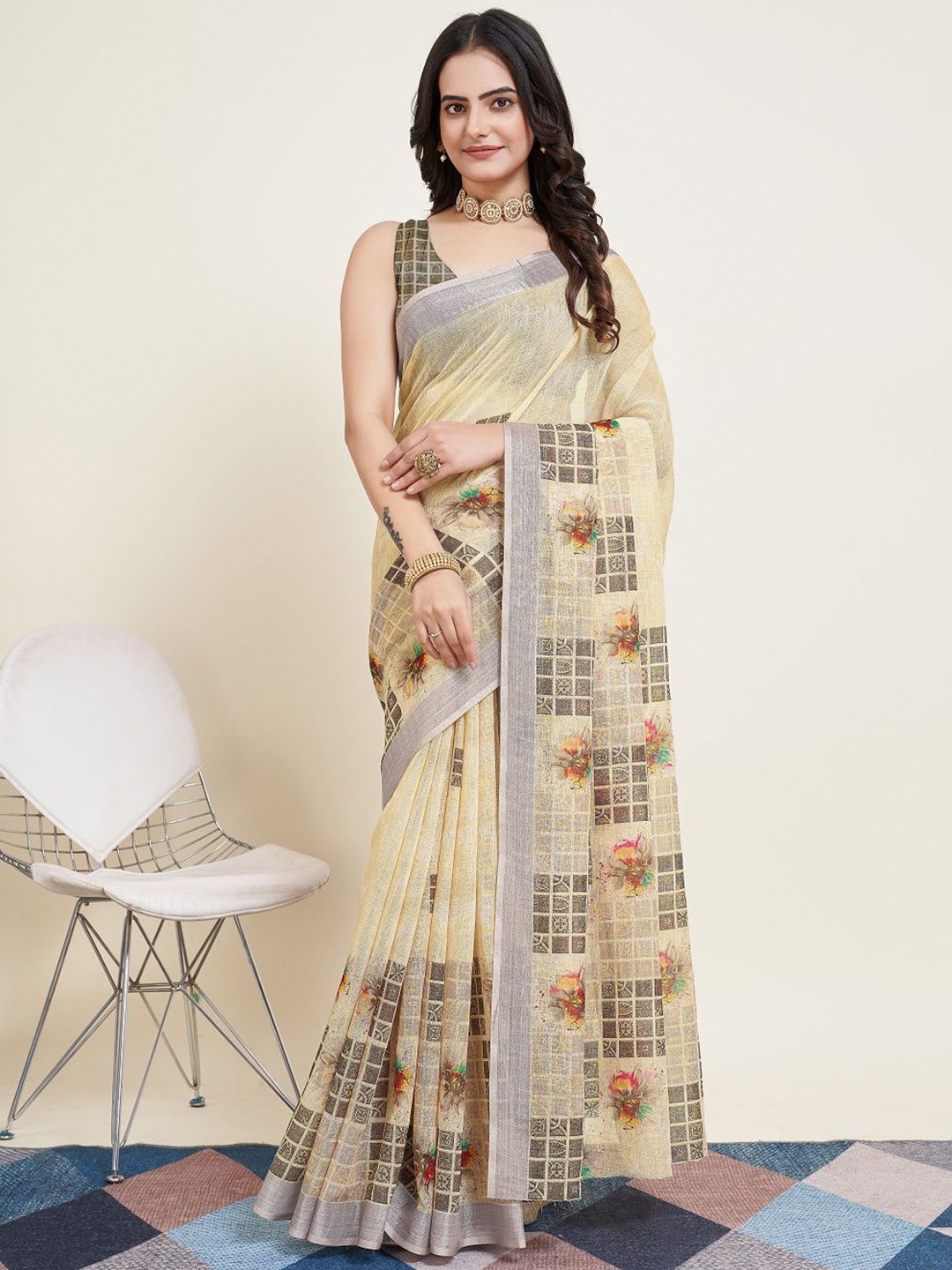 

SHOBHA SAREES Floral Zari Silk Cotton Saree, Beige