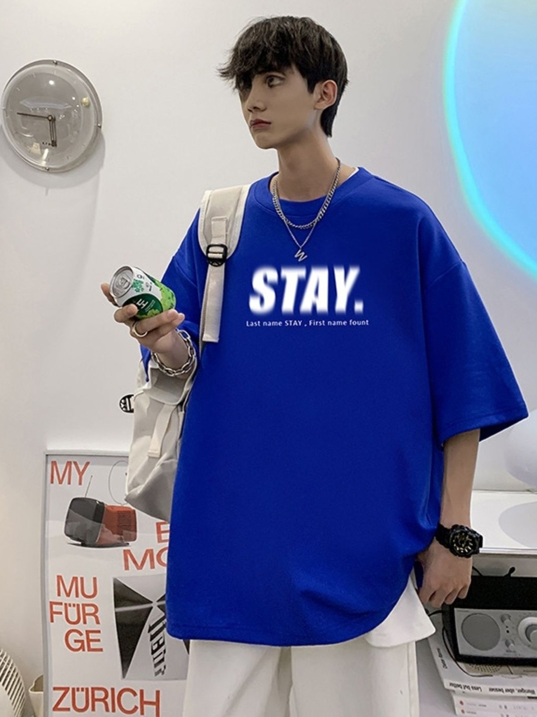 

HERE&NOW Men Typography Printed Round Neck Oversized T-shirt, Blue