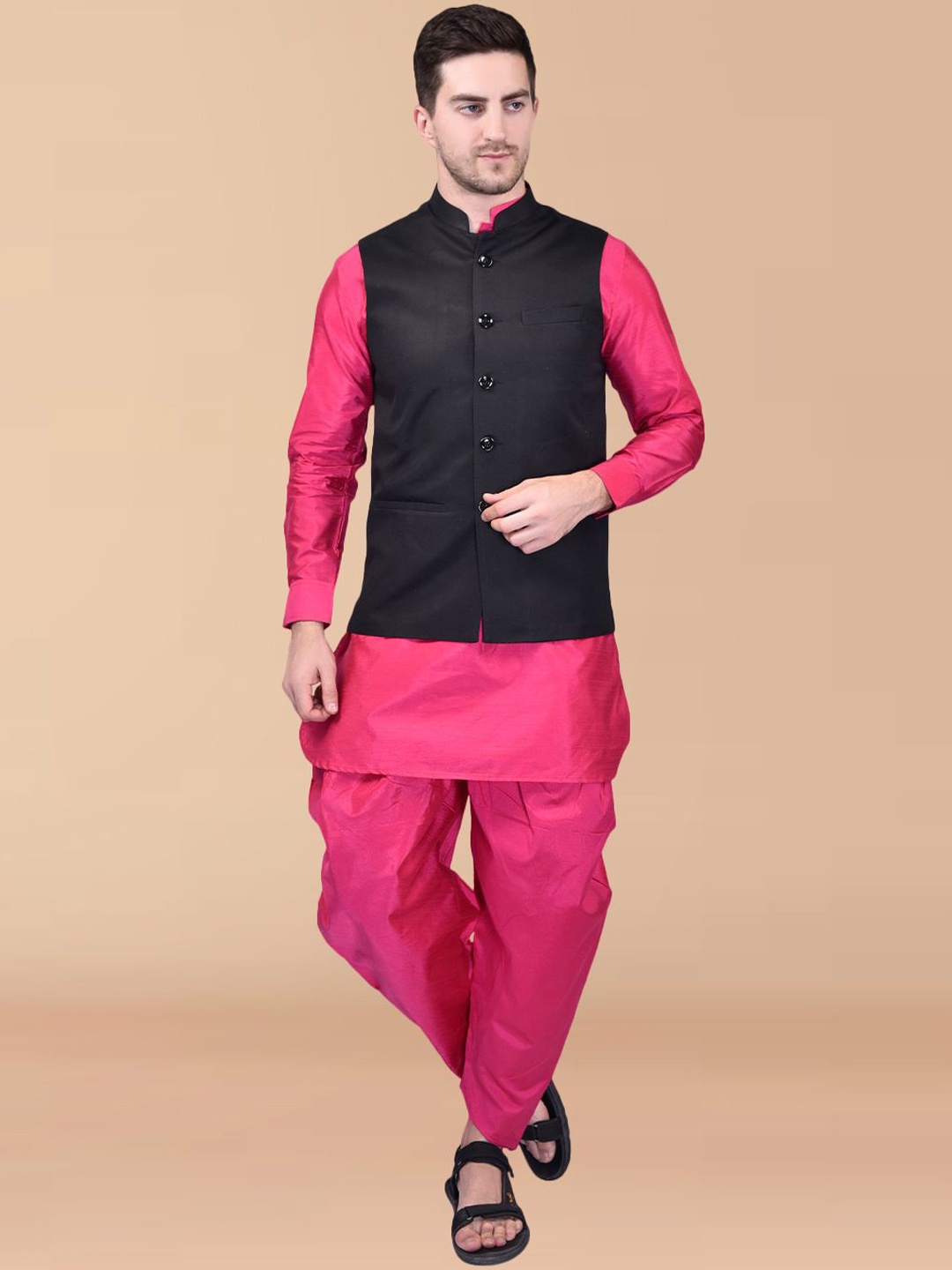 

PRINTINDIA Mandarin Collar Pure Silk Straight Kurta with Dhoti Pant & Nehru Jacket, Pink