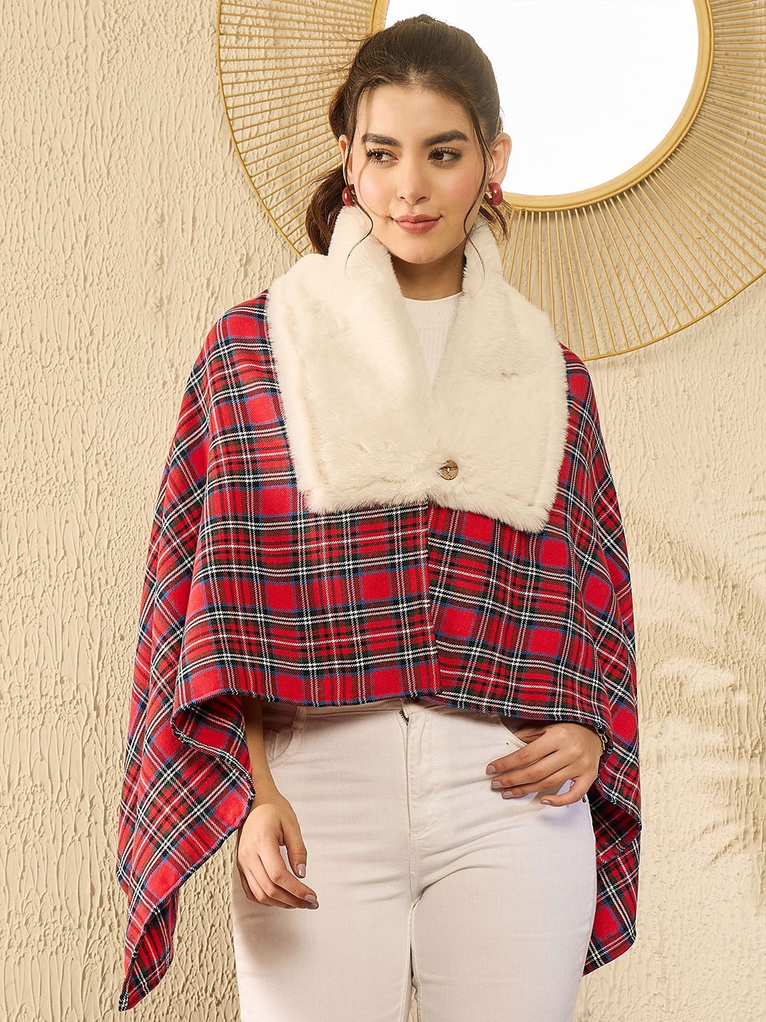 

InWeave Women Checked Acrylic Poncho, Red