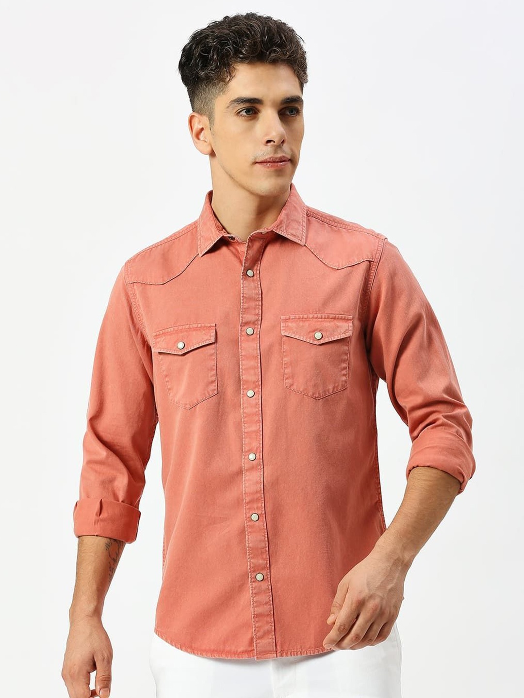 

Basics Men Slim Fit Solid Pure Cotton Casual Shirt, Peach