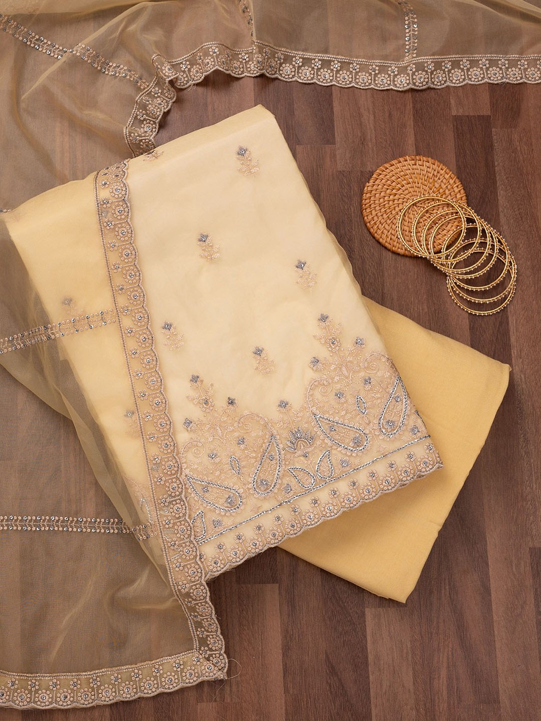 

Koskii Floral Embroidered Sequinned Tissue Unstitched Dress Material, Yellow