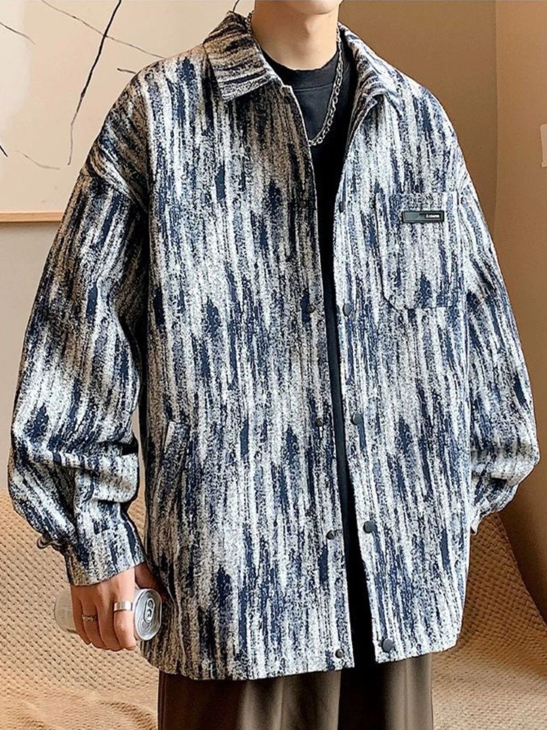 

HERE&NOW Men Spread Collar Abstract Printed Casual Tailored Jacket, Blue