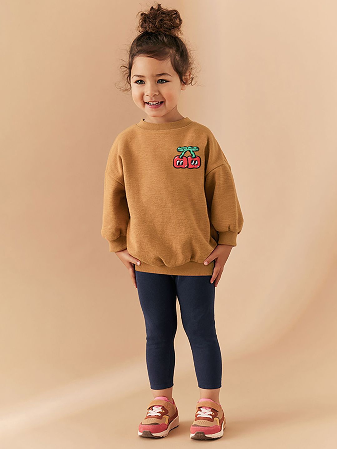 

JC SPARKLE Girls Embroidered Drop Shoulders Pure Cotton Sweatshirt With Leggings, Brown