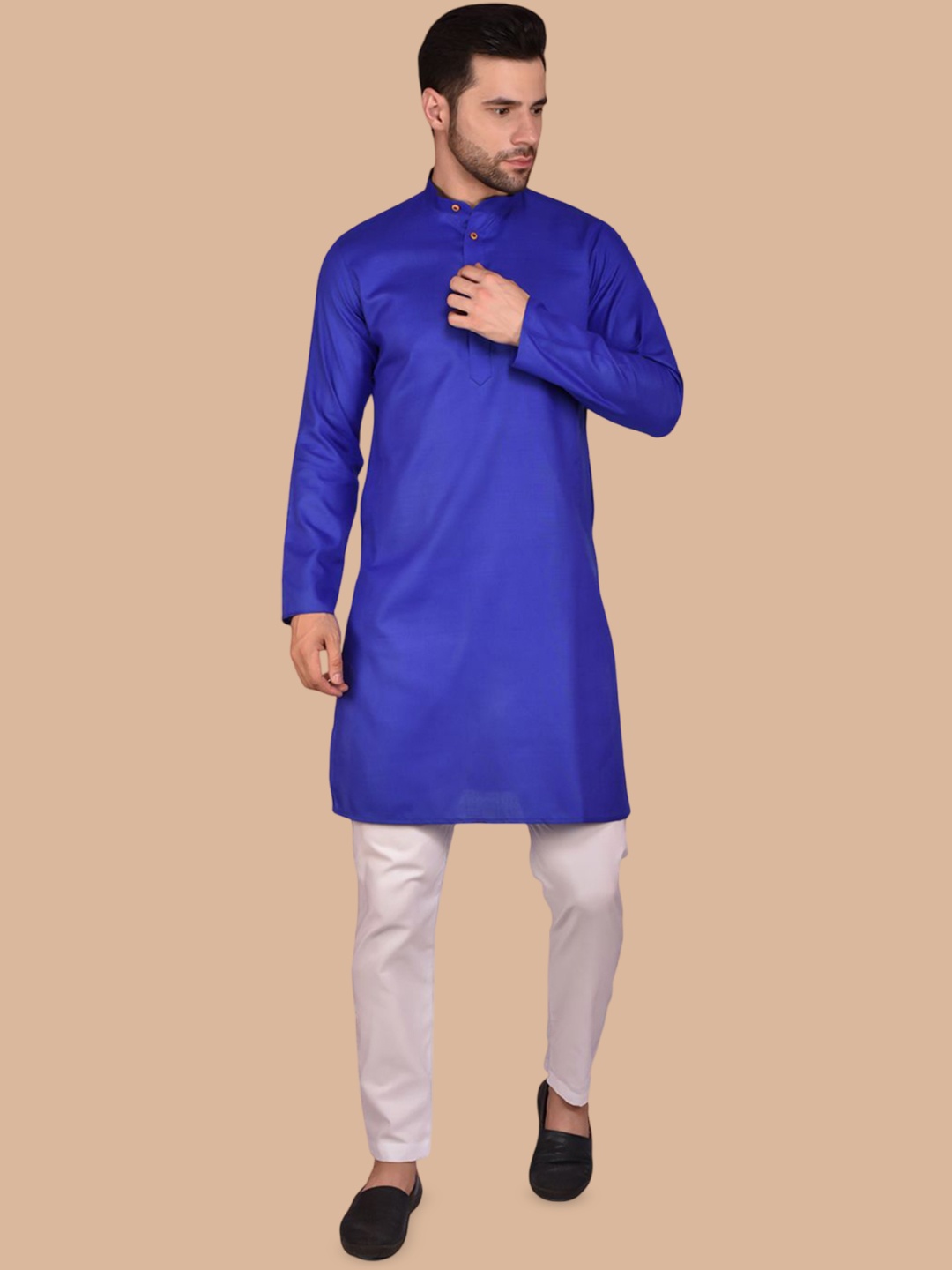 

PRINTINDIA Mandarin Collar Pure cotton Straight Kurta With Trousers, Blue