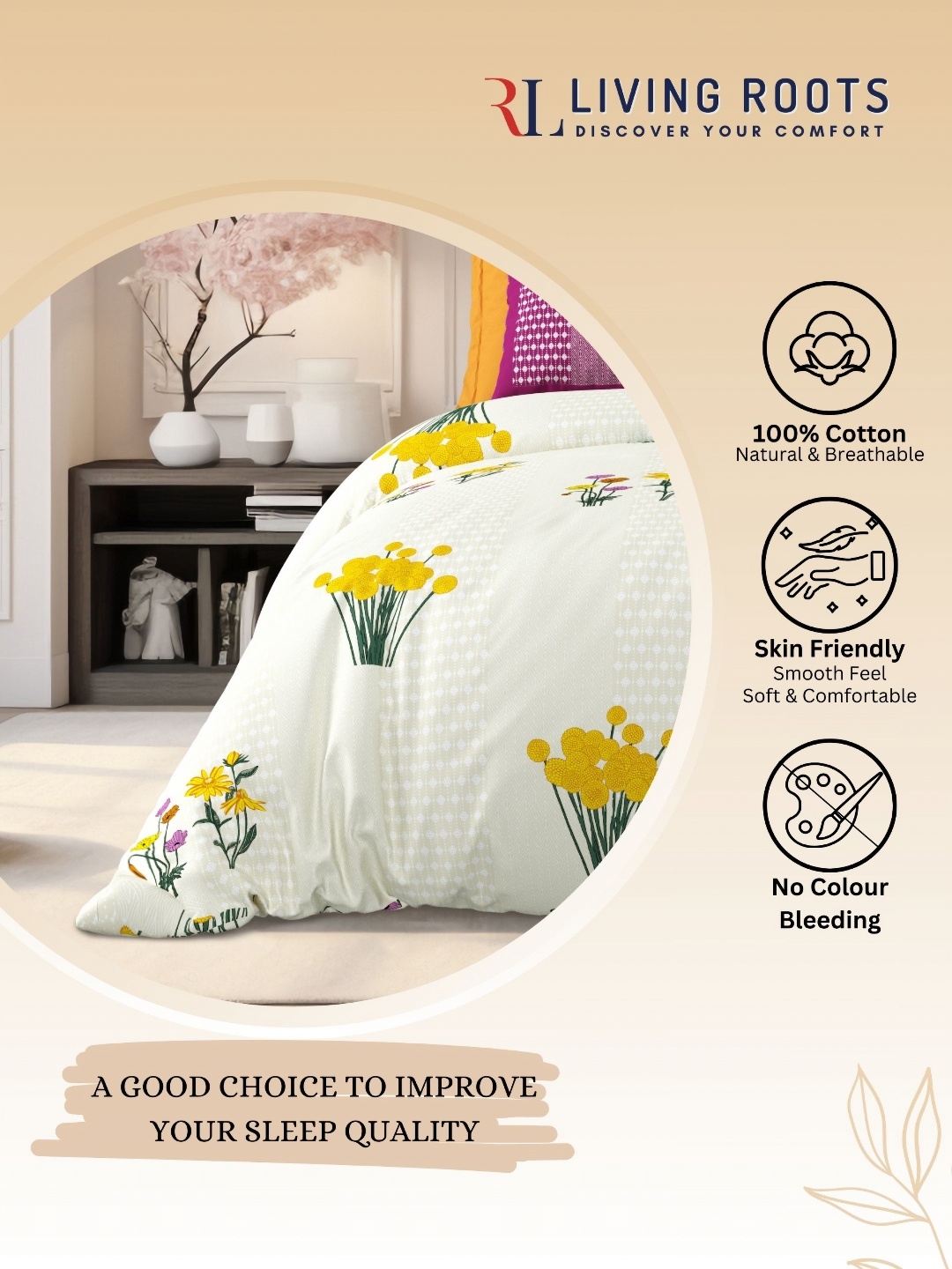 

LIVING ROOTS Cream-Coloured & Yellow Floral 210 TC King Bedsheet with 2 Pillow Covers
