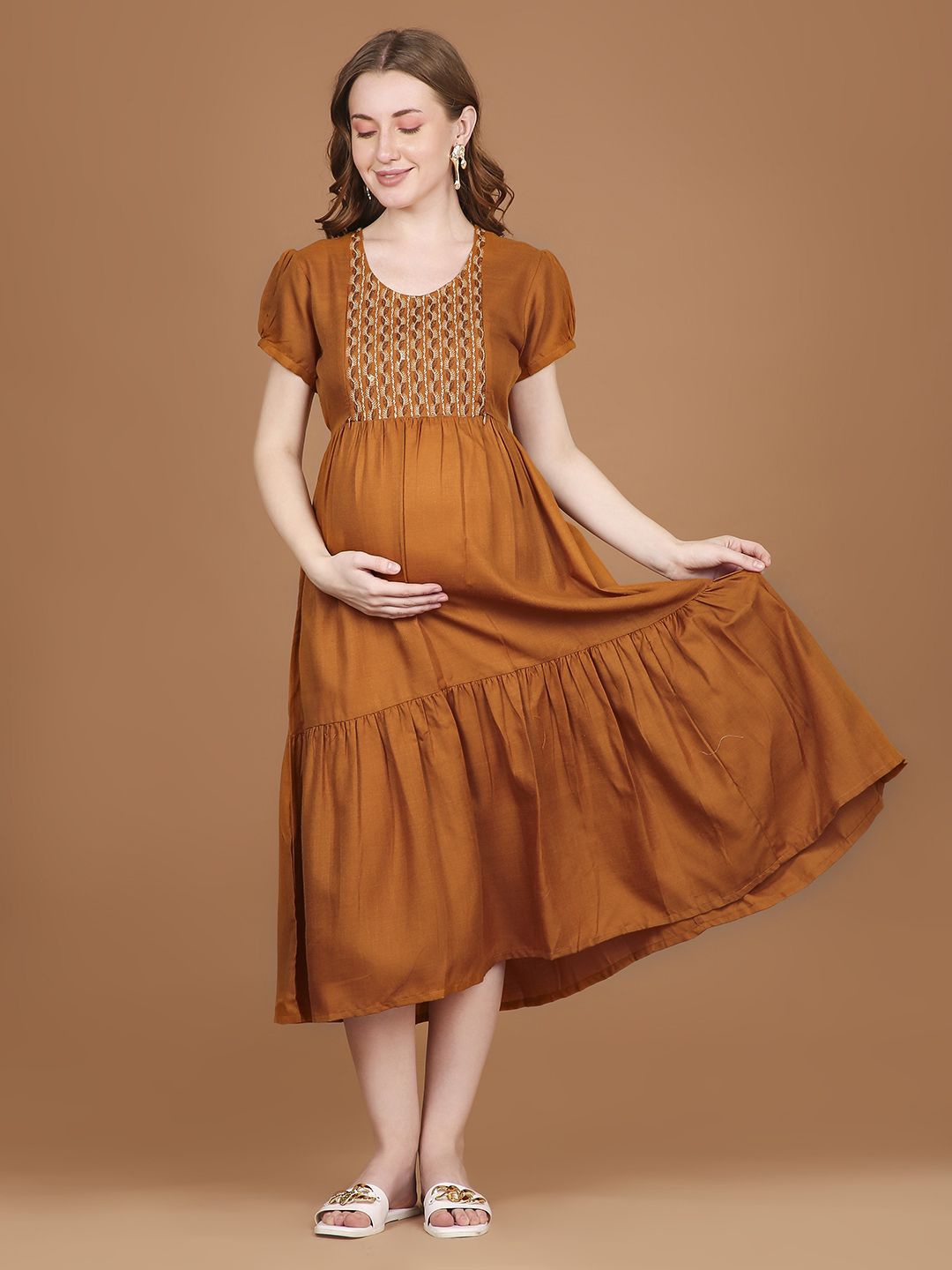 

NIGHTSPREE Embroidered Puff Sleeve Maternity Fit & Flare Dress, Mustard