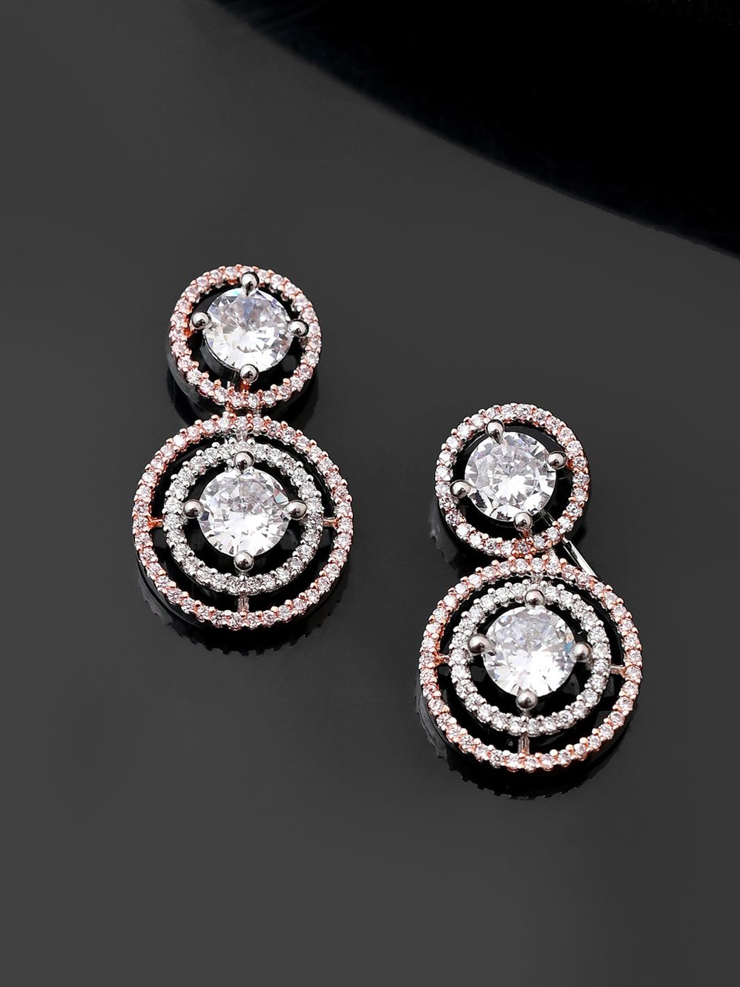 

Voylla Rhodium-Plated American Diamond Stone Studded Circular Shaped Drop Earrings, Silver