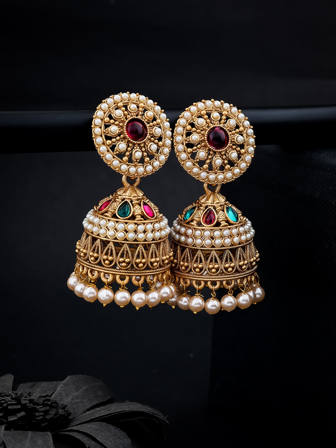 

Wynona Gold-Plated Stone Studded & Pearls Beaded Jhumkas