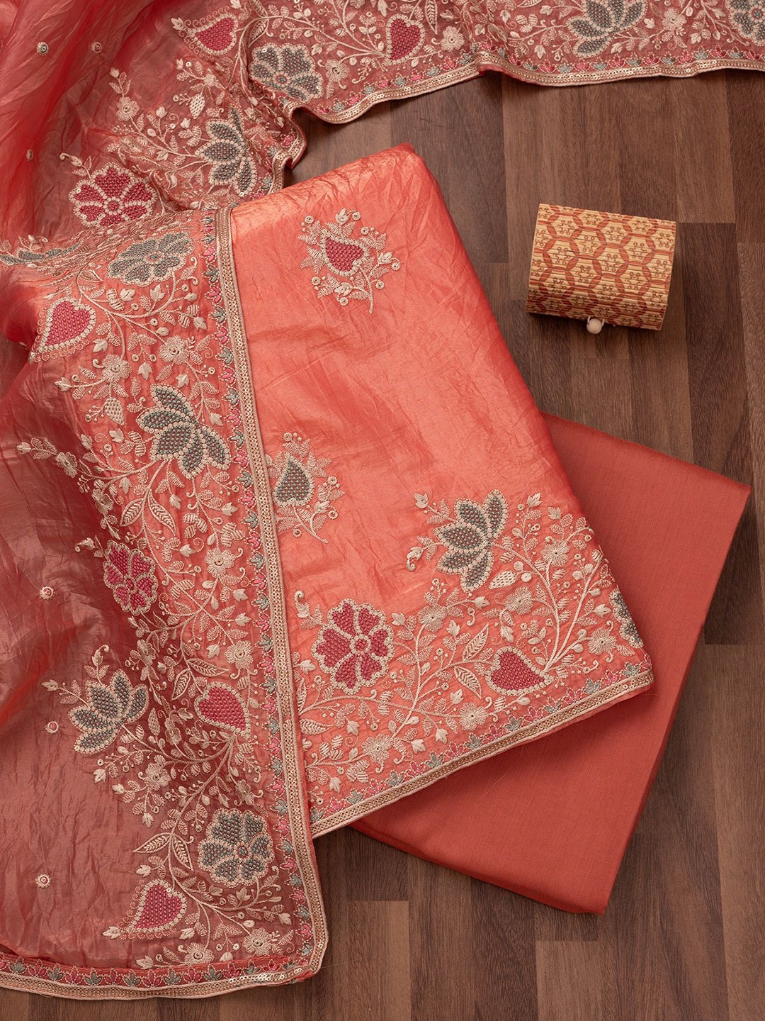 

Koskii Floral Embroidered Zari Unstitched Dress Material, Peach