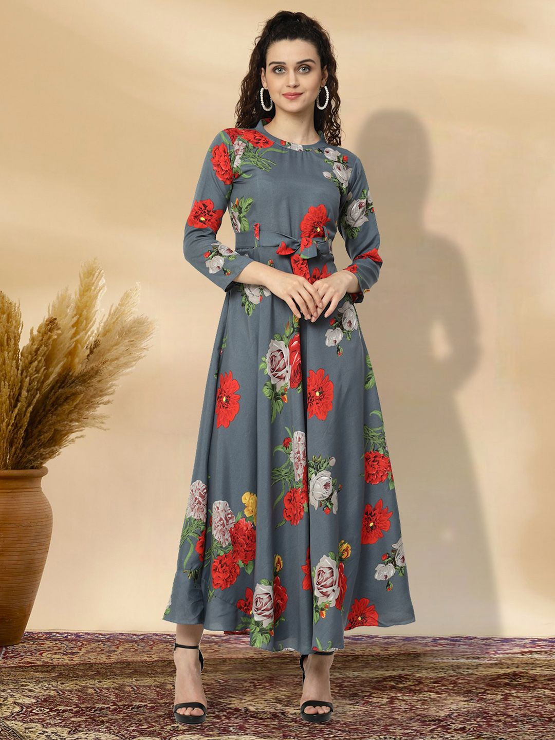 

BAESD Floral Print Applique Fit & Flare Dress, Grey